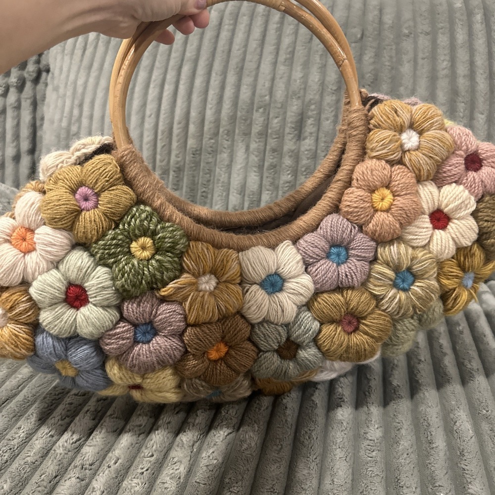 JP‎ & Mattie Handbag Purse Quilt Crochet Vintage Boho Bamboo Handles Multicolor - Picture 5 of 14